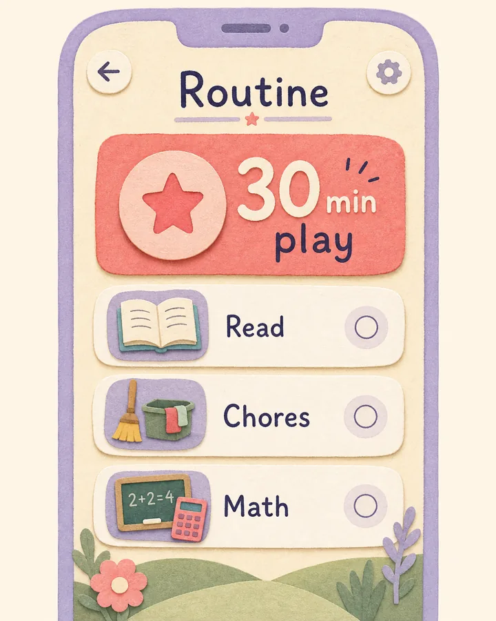 Cropped iPhone screen showing a routine setup with reading, chores, math, and 30 minutes of play.