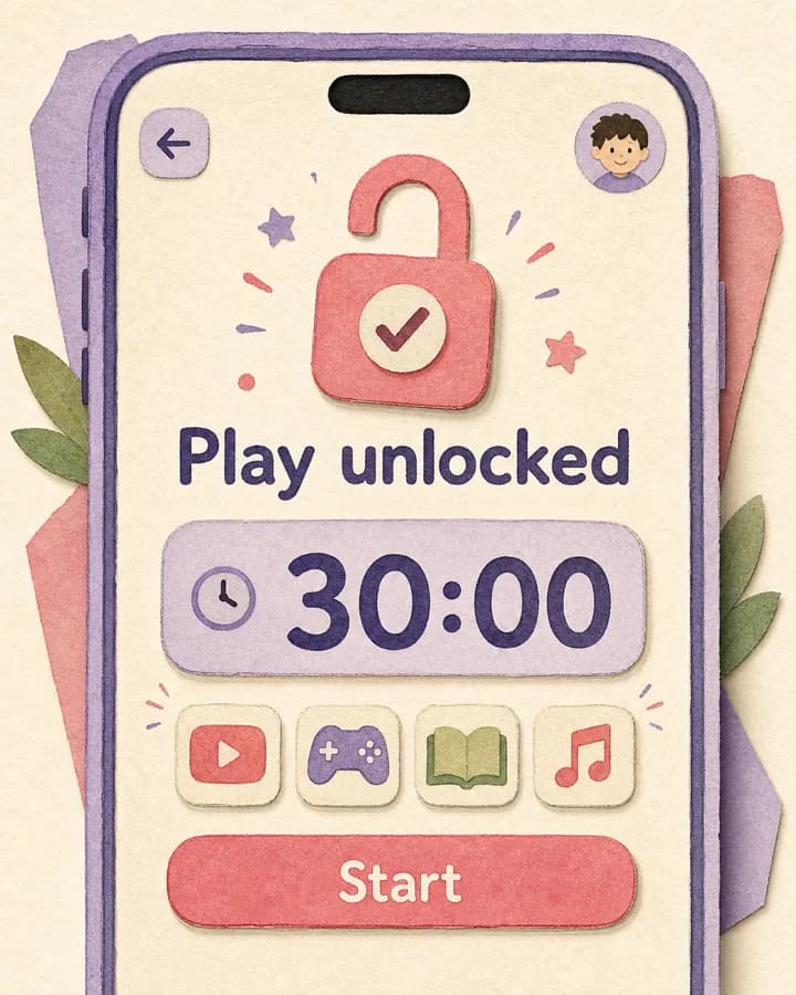 Cropped iPhone screen showing play unlocked with a 30 minute timer.