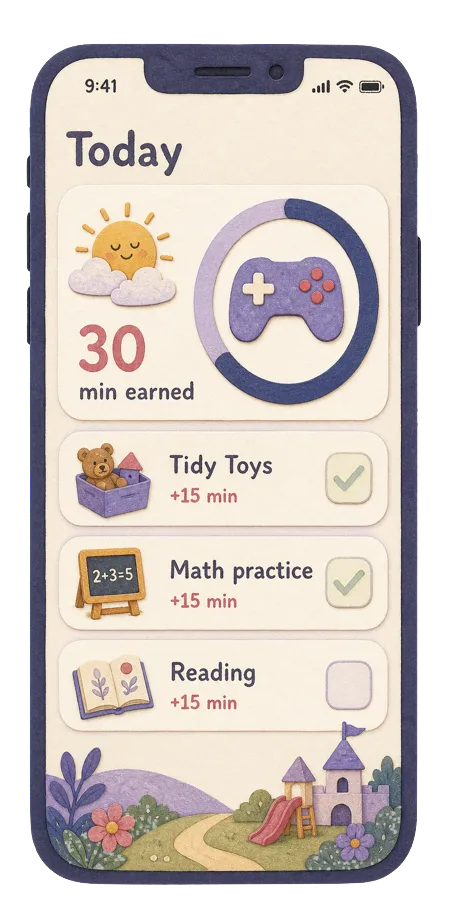 Storybook-style earnyourplay app screen showing earned play time and completed reading, chores, and math tasks.
